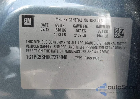 2012 Chevrolet Cruze Ls z USA, uszkodzony, nr VIN 1G1PC5SH0C7274048